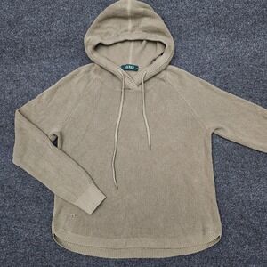 Lauren Ralph Lauren Womens Large Hooded Sweater Waffle Knit Green Pullover